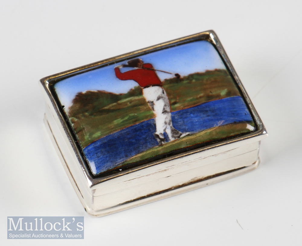Carrs Hallmarked Silver and Enamel Pill Box with Golfer Design enamelled lid with plain design body, - Image 2 of 2