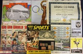 Early Olympics Ephemera Selection 1896-1960 incl postcard at the first modern Olympics at Athens