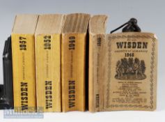Wisden Cricketers’ Almanacs 1946, 1949, 1952 and 1957 with cloth covers, covers having light soiling