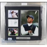 Tiger Woods Signed golf display with 3x prints of woods and signed to Augusta Golf Course score card