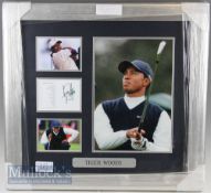 Tiger Woods Signed golf display with 3x prints of woods and signed to Augusta Golf Course score card