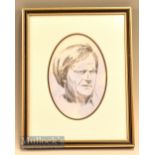 Unnamed Pencil Drawing of Jack Nicklaus with watercolour wash unsigned in oval border, framed