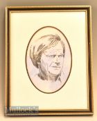Unnamed Pencil Drawing of Jack Nicklaus with watercolour wash unsigned in oval border, framed