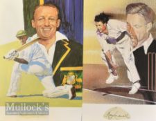 Sir Don Bradman and Ray Lindwall Signed Prints both signed cuttings laid below colour prints,