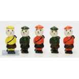 5x Carlton Ware Dunlop Style Caddie Golfing Figures – various coloured hand painted glazed
