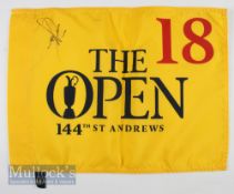 2015 The Open Zach Johnson Signed golf pin flag signed in ink to the corner on yellow flag, measures