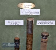 Presentation Golf Club Display featuring 3x various gold clubs – such as a J H Taylor mashie