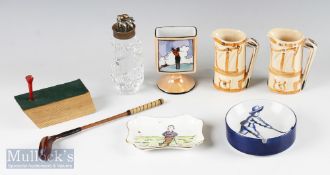 Golfing Ceramics and Ornament Selection (6) incl Aynsley pin dish titled ‘Tis easier to replace