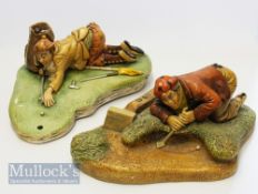 2 Naturecraft England Painted Stoneware Golfing Figures titled Bunkered and Golfer, largest 27cm