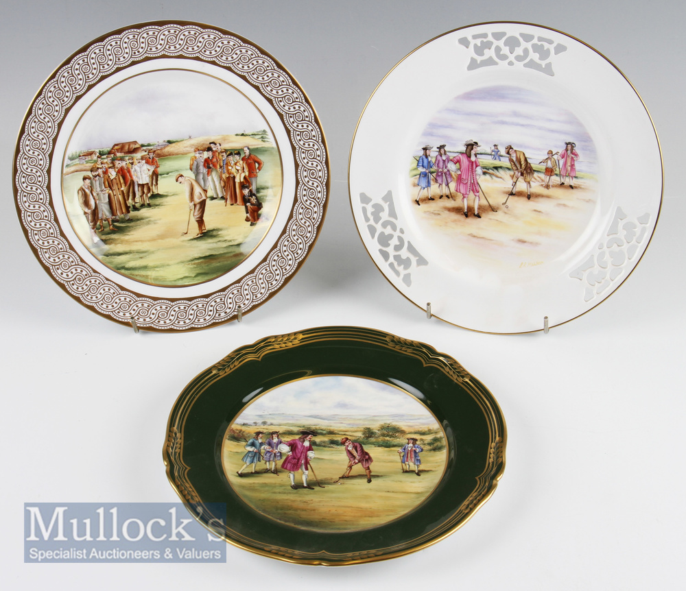 3 Spode Bone China Hand Painted Golfing Design Plates 2 showing 18th Century period scene, one