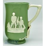 Spode Copeland Golfing Tankard: green tankard with white relief golfing figures and handle, height