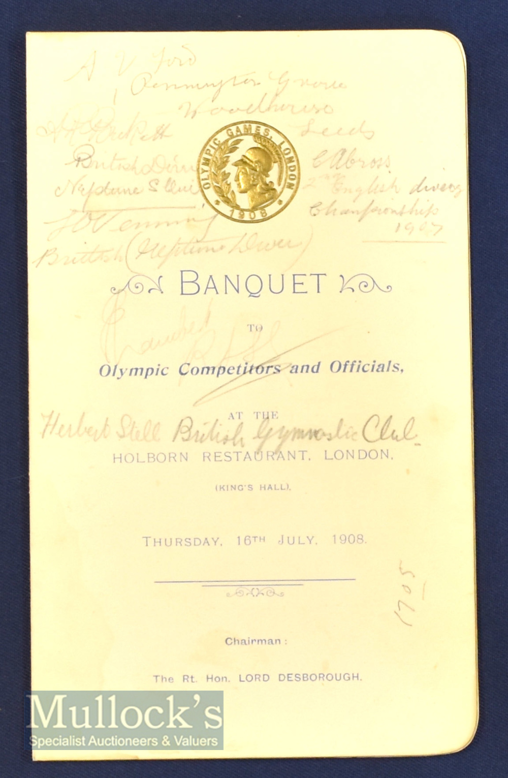 Rare 1908 London Olympics Signed Banquet Menu held for Olympic Competitors and Officials - multi