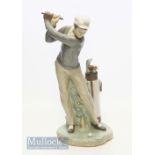 Lladro Bone China Golfer Figure standing about to swing next to bag of clubs, detachable golf club