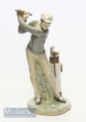 Lladro Bone China Golfer Figure standing about to swing next to bag of clubs, detachable golf club