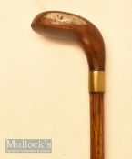 Brown stained driver head styled golf walking stick with unusual alloy sole insert, rear lead