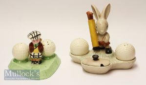 2 Novelty Ceramic Golfing Cruets Sets one by Arthur Wood with standing bunny holding golf bag with