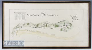The Old Course, St Andrews pen and ink drawing depicting a plan of the Old Course, no artist’s