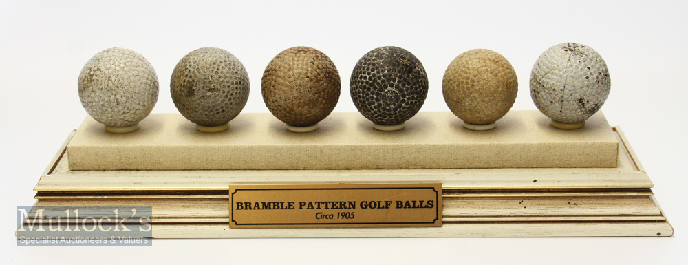 Collection of 6x various bramble pattern golf balls – 2x guttie I R and The Arrow; 4x rubber core to