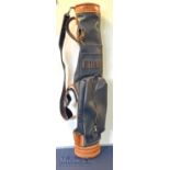Blue and brown leather golf club carry tube bag with ball pocket, tee holder and umbrella strap,