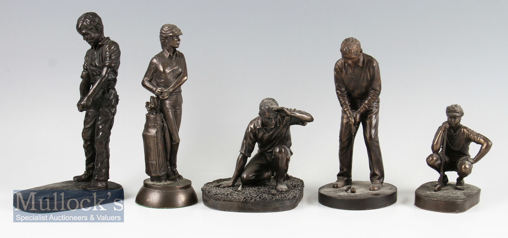 5 Cold Cast Bronze Resin Golfer Figures – one by Adonis, another with a putting figure label` to