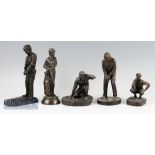 5 Cold Cast Bronze Resin Golfer Figures – one by Adonis, another with a putting figure label` to