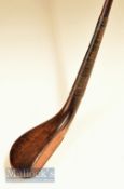 c1860 R Kirk long nose play club in dark stained Beechwood with a 5 ½” x 1 ¾” x 1” head and measures