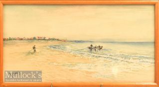 Signed R Hall Old Hunstanton Golf Club Watercolour depicting a boating coastal scene with the GC