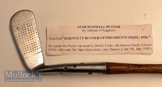 Bobby Locke Star Maxwell goose neck putter inscribed ‘D Bennett Runner Up President’s Prize 1926’,