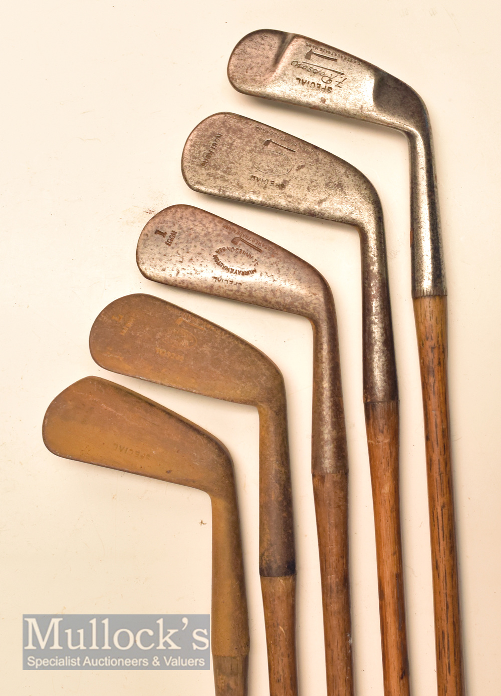 5x various Tom Stewart Pipe Mark irons – incl F Robson mussel back mid iron, Push Iron, No.1 iron
