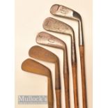 5x various Tom Stewart Pipe Mark irons – incl F Robson mussel back mid iron, Push Iron, No.1 iron