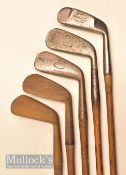 5x various Tom Stewart Pipe Mark irons – incl F Robson mussel back mid iron, Push Iron, No.1 iron