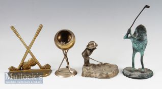 Golfing Related Items (4) incl bronze figure of a frog with golf club, cast white metal pin / soap