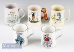5 Assorted Golfing Ceramic Tankards – incl early Buchan pottery example (small a/f to base),