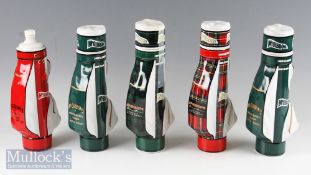 5x McGibbons Premium Reserve Scotch Whisky Golf Bag Bottles all empty incl tartan, 2x green, green