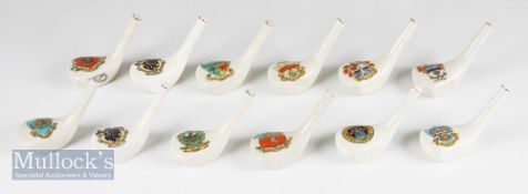 12 Assorted Crested Ware Golf Club Head Ornaments with crests incl Stafford, derby, Southport,