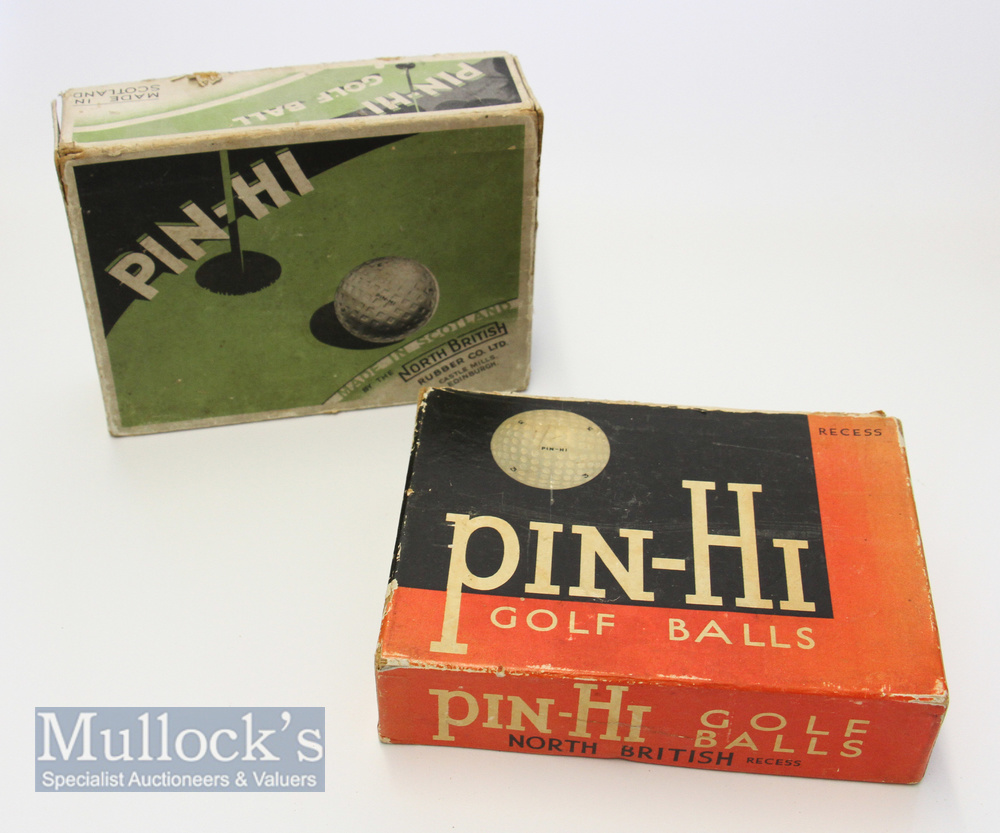 2x North British Rubber Co Ltd Scotland Pin-Hi Golf Ball Boxes – both with hinged lids to hold 12x