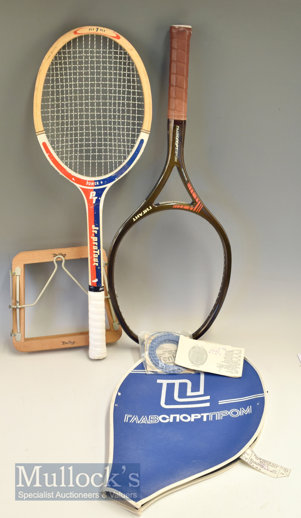 c1980s Russian USSR Tennis Racket unused unstrung racket with packet of stringing and cover,