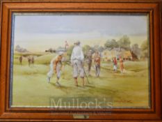 Douglas E West colour golfing print titled “And Now The 19th Hole” – c/w brass engraved plaque -