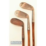 3x Tom Morris St Andrews irons including a Lillywhites mussel back No4 Mashie a mashie niblick and a