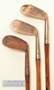 3x Tom Morris St Andrews irons including a Lillywhites mussel back No4 Mashie a mashie niblick and a