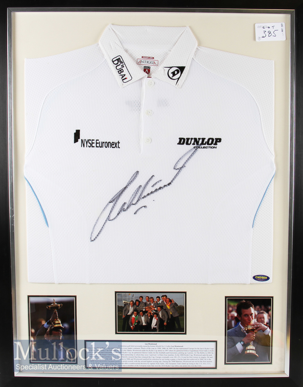 Lee Westwood Signed golf t-shirt display with an Antigua t-shirt with sponsorship, signed to the