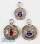 3 hallmarked silver and enamel Golfing Union of Ireland Ulster fobs incl Ulster Cup, hallmarked