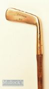 Tom Morris St Andrews c1890 heavy brass blade putter with 4” thick hosel and ridged sole 35” in