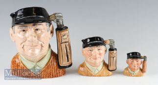 Graduating Set of 3 Royal Doulton ‘Golfer’ Character Jugs largest D6623, D6756, D6757, all in good