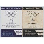 1952 Helsinki Olympics Programmes (2) for Gymnastics 19th to 24th July in good condition, plus