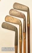 4x various gunmetal brass blade putters- 3x stamped with early Tom Stewart Snake cleek mark incl one