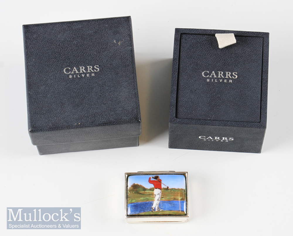 Carrs Hallmarked Silver and Enamel Pill Box with Golfer Design enamelled lid with plain design body,