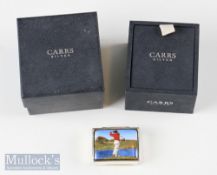 Carrs Hallmarked Silver and Enamel Pill Box with Golfer Design enamelled lid with plain design body,