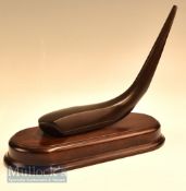 H Philp bronze long nose scare neck play club head mounted on mahogany plinth, 7” high, 8” long,