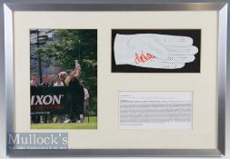 Laura Davies MBE Signed Golf glove display with a white glove signed in pink, colour print and